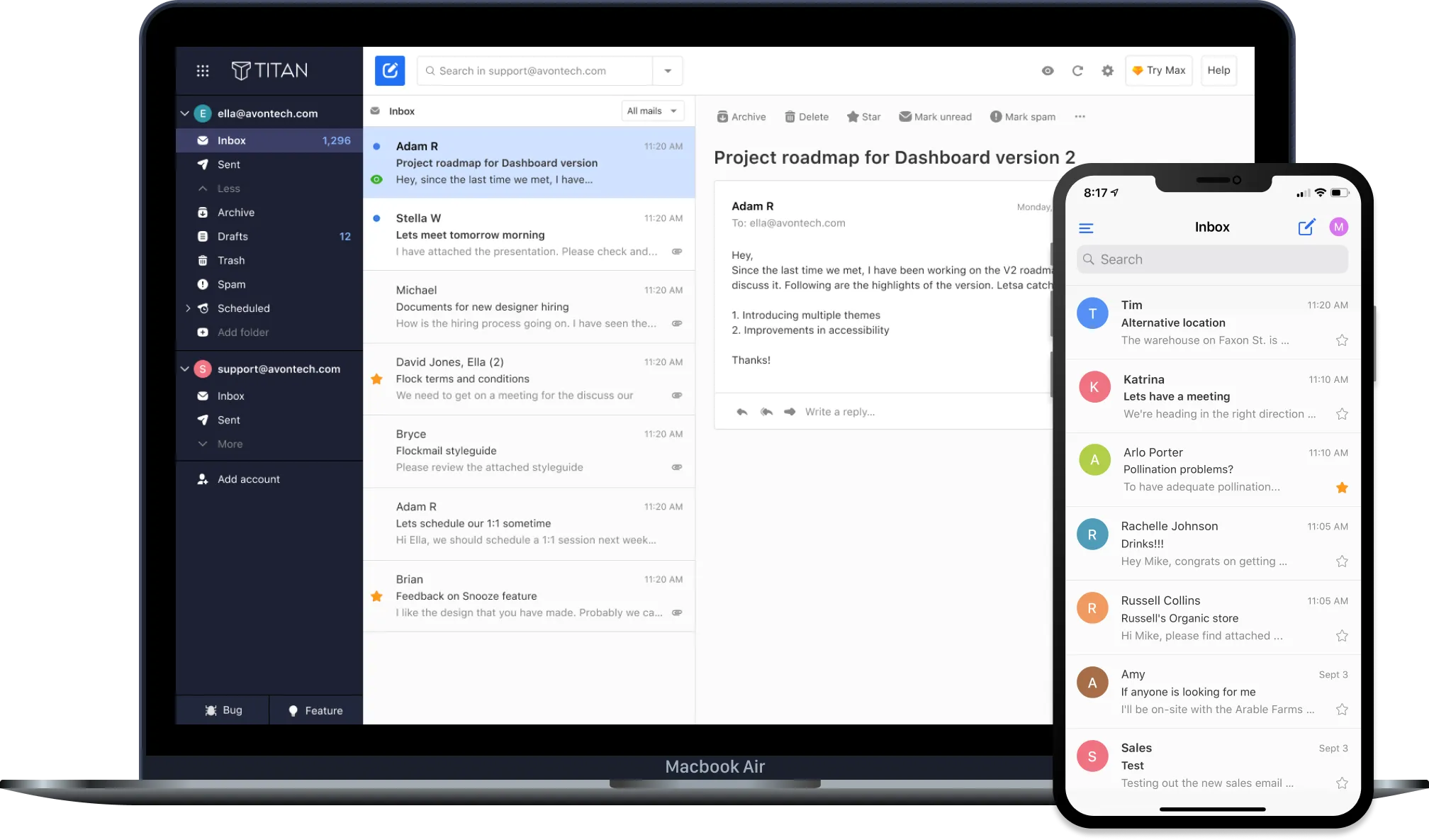 Titan Mail на ноутбуке и телефоне