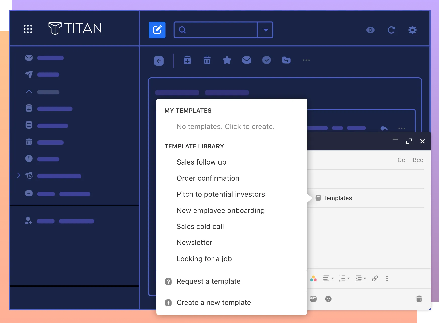 Библиотека шаблонов Titan с сохранёнными письмами вроде «Продолжение продажи» и «Подтверждение заказа»