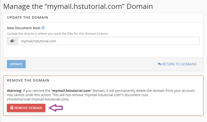 cPanel hesabınızdan domeni necə silmək olar? — ekran görüntüsü 3