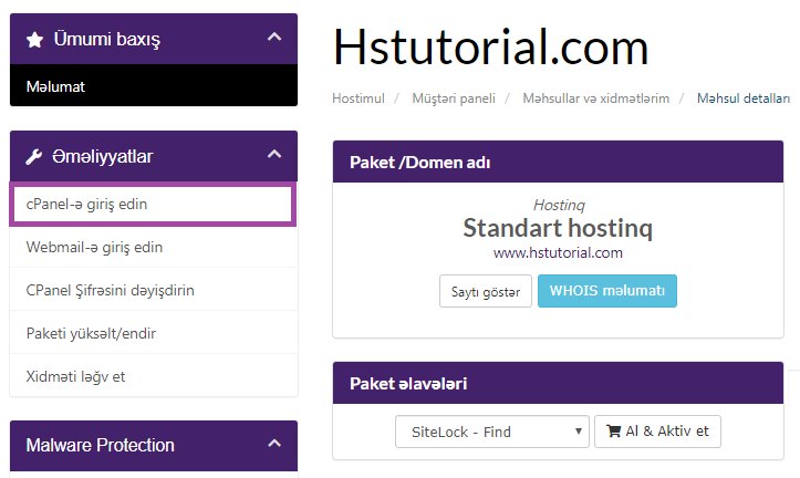 cPanel-ə necə giriş etmək olar? — ekran görüntüsü 4
