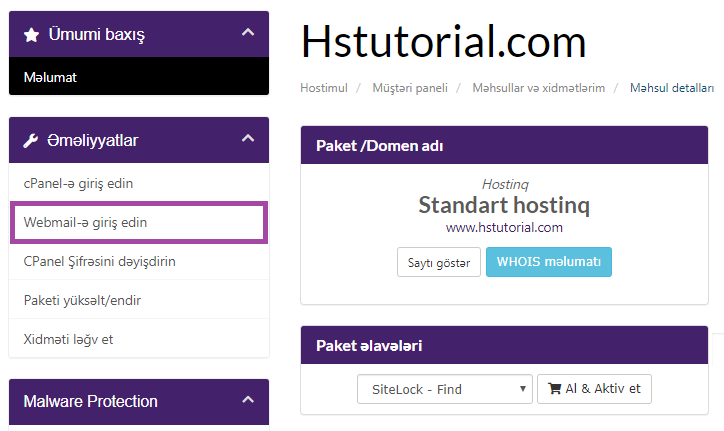 Hostimul müştəri paneli vasitəsilə Webmail-ə necə daxil olmaq olar? — ekran görüntüsü 4