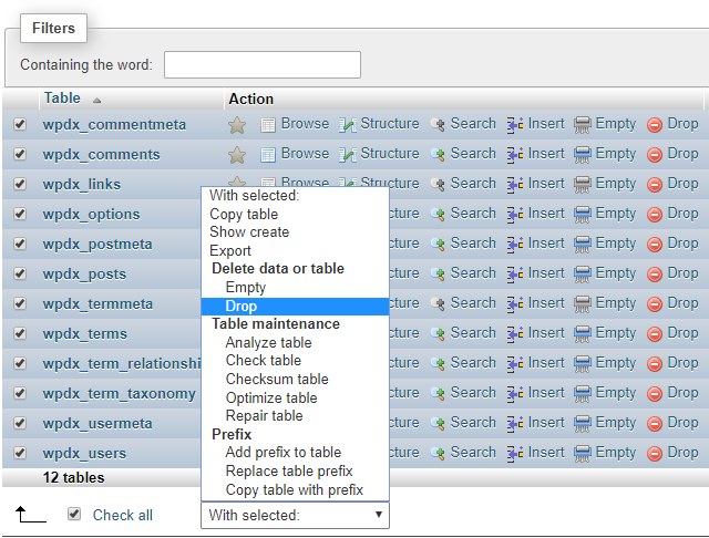 How to empty a MySQL database using phpMyAdmin? — screenshot 3